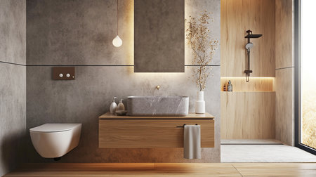 Modern gray stone sink closeup, wooden shelf, bathroom vanity, minimalist style. Interior design, cozy comfortable homeの素材