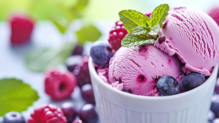 Homemade ice cream with berry flavor, served in white bowls decorated with fresh mint leaves, berries, light backgroundの素材