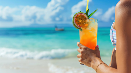 A womans hand holds a cold iced tea or a tropical cocktail made from fresh papaya fruit on a beach exotic vacationの素材
