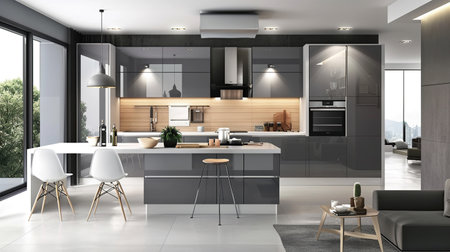 Contemporary kitchen with sleek dark cabinets, wood accents and a cozy dining area in monochrome grays. Interior designの素材