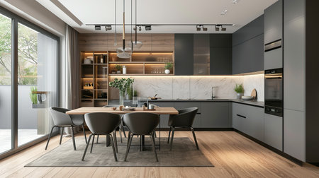 Contemporary kitchen with sleek dark cabinets, wood accents and a cozy dining area in monochrome grays. Interior designの素材