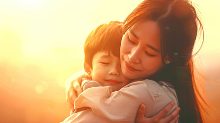 Asian mother hugs her little son tightly, their faces touching tenderly against, motherhood, Mothers Day holidayの素材