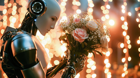 Humanoid robot holding bouquet of roses against a soft focus background with warm bokeh lights. Womens spring holidaysの素材