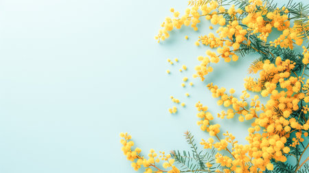 A fresh arrangement of yellow mimosa flowers in frame on a light blue background, holiday or spring theme for March 8の素材