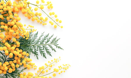 Bright and fresh arrangement of yellow mimosa flowers in a creative frame on a white background, mockupの素材