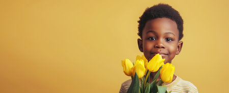 Black joyful boy holding yellow tulips, spring bright background. Holiday concept for March 8, Mothers Dayの素材