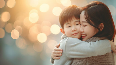Asian mother hugs her little son tightly, their faces touching tenderly, motherhood, family relationships, Mothers Dayの素材