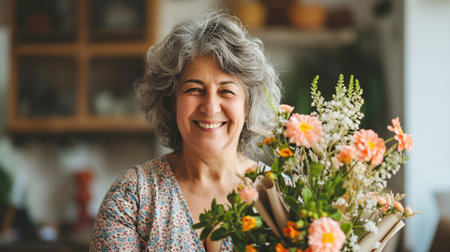 A middle-aged Hispanic woman beaming with happiness holds a bright bouquet of flowers. Festive concept spring holidays, mothers day, March 8の素材