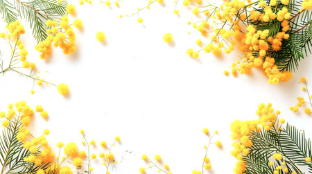 Bright and fresh arrangement of yellow mimosa flowers in a creative frame on a white background, mockupの素材