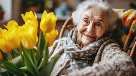 Joyful elderly woman with bouquet of tulips, radiating happiness warmth. Mothers Day, March 8, Senior Citizens Dayの素材