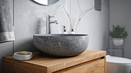 Modern round gray stone sink and wooden vanity shelf in bathroom, close-up, minimalist style. Interior designの素材