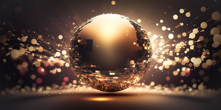 Sparkling Disco ball, luxurious dark background, sparkling flying sparkles, bokeh. Template creative holiday designの素材