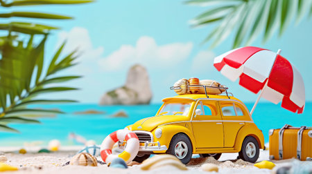 Yellow classic vintage car with various summer holiday accessories, on seashore with palm trees. Concept vacation travelの素材