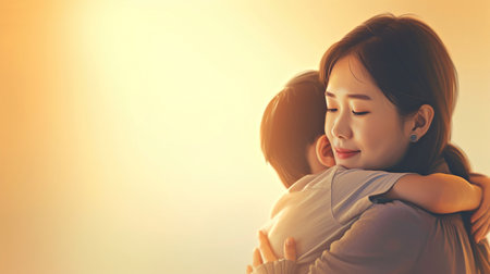 Asian mother hugs her little son tightly, their faces touching tenderly, motherhood, family relationships, Mothers Dayの素材