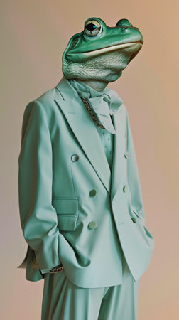 An elegant green frog with tie in an office business light suit on pastel background. The concept is suitable for corporate or business themesの素材