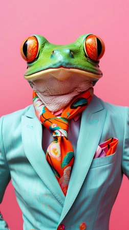 Stylish frog with colorful scarf and suit on pink background. The concept is suitable for corporate or business themesの素材