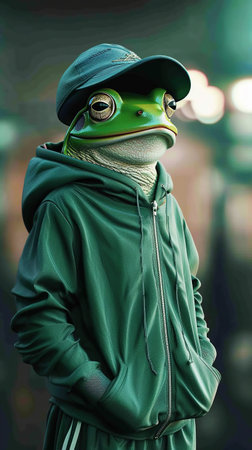 City frog in fashionable sportswear and cap with blurry city lights. Vertical frameの素材