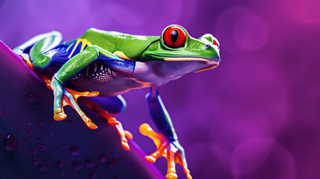 Green frog in a jump, symbol of the day in leap year, celebrating frog jump event on February 29. Bright purple background, copy spaceの素材