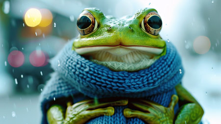 A frog enjoys snowfall, wrapped in a knitted blue scarf. Symbol of the day in a leap year is February 29, celebrating the frog jump eventの素材