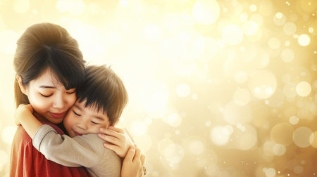 Asian mother hugs her little son tightly, their faces touching tenderly, motherhood, family relationships, Mothers Dayの素材