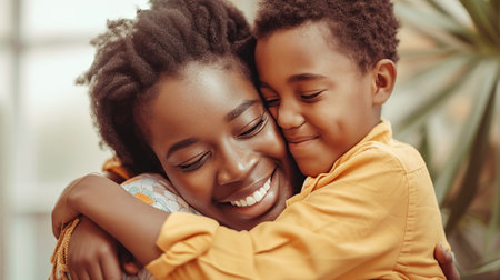 Black mother hugs her son tightly, their faces touching tenderly, sharing a sweet moment of connection, family relationshipsの素材
