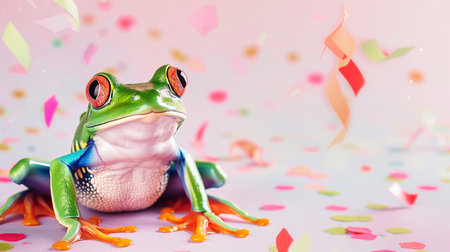 Cute frog Symbol of the day in a leap year, celebrating the frog jump event, on a festive background with flying confetti on a pastel backgroundの素材