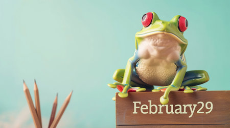 A cheerful funny Frog, a symbol of the day in leap year, sits near a calendar with the date February 29. Frog jump event celebration conceptの素材