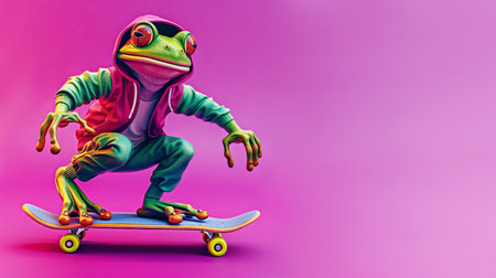 Modern funny frog in a baseball cap rolls on a skateboard in a dynamic pose. Symbol of the day in a leap year, celebrating the event of the frog jump on February 29の素材