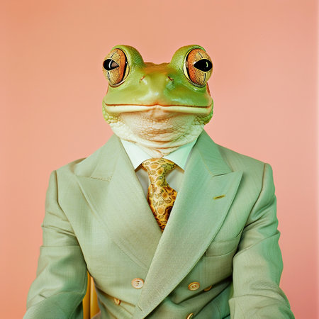 An elegant green frog with tie in an office business light suit on a pastel background. The concept is suitable for corporate or business themesの素材