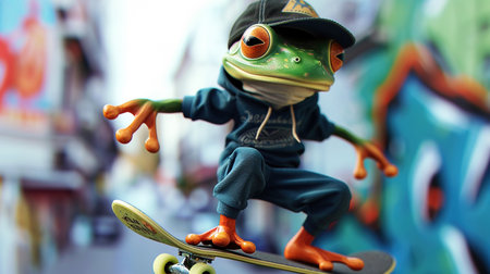 Modern funny frog in a baseball cap rolls on a skateboard in a cityscape with a dynamic pose. Symbol of the day in a leap yearの素材