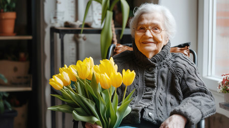 Joyful elderly woman with bouquet of tulips, radiating happiness warmth. Mothers Day, March 8, Senior Citizens Dayの素材