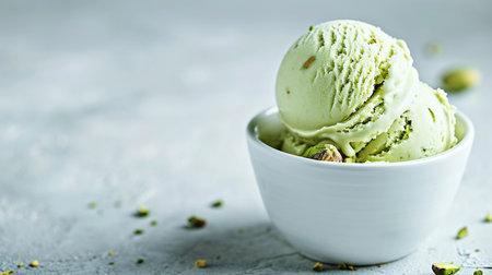 Homemade pistachio ice cream served in white bowl on light kitchen table. Summer fashionable healthy cooling dessertsの素材