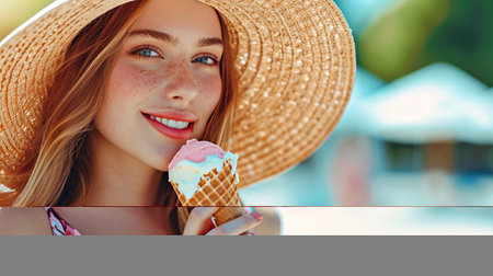 Happy young red-haired girl in a straw hat enjoying vanilla ice cream cone outdoorsの素材