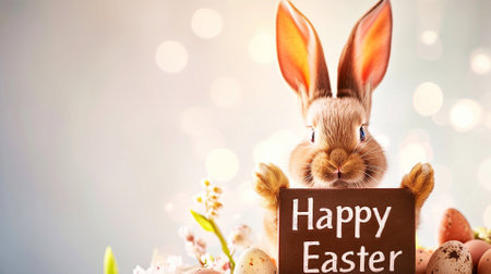Cute Easter bunny holding a sign with the text Happy Easter, with festive colorful eggs and soft bokeh lightsの素材
