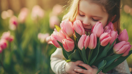 A little girl holds a bouquet of pink tulips in her hands, surrounded by lush garden. Congratulations on March 8, Mothers Dayの素材