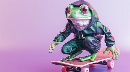 Modern funny frog in a baseball cap rolls on a skateboard in a dynamic pose. Symbol of the day in a leap year, celebrating the event of the frog jump on February 29の素材