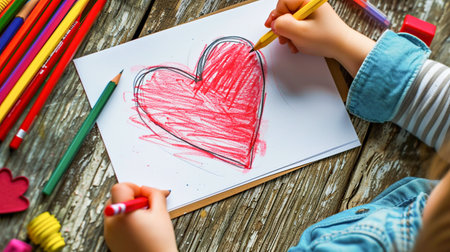A child draws a bright red heart, a symbol of love, a holiday card for Mothers Day, March 8. Childrens imaginationの素材