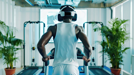 Focused man using VR headset on treadmill in office gym. Sports recreation, reboot in virtual reality, immersion in modern technologyの素材