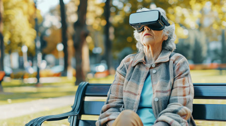 An elderly woman sits on bench wearing VR headset glasses, virtual reality. A man with Parkinsons disease walking in a city parkの素材