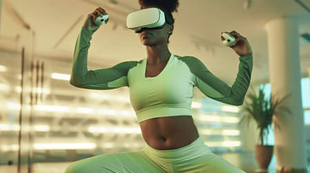 An active dark-skinned woman in bright suit enjoys sports workout wearing glasses with VR headset in modern sports hall. Fitness game in virtual realityの素材