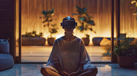 Calm meditation with virtual reality in the tranquility of your home. A young woman in comfortable sportswear is engaged in virtual glasses, VR headsetの素材