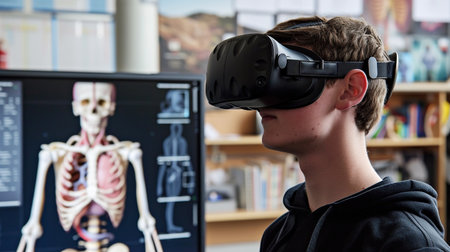 Teen boy studying anatomy using VR reality glasses in a medical class. The use of innovative technologies in school education, study of the human structure with the help of modern gadgetsの素材