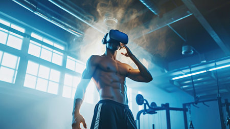 Muscular tattooed man flexes his arms during virtual reality immersion, in a modern gym with neon blue lights. Sports training, reboot in virtual realityの素材