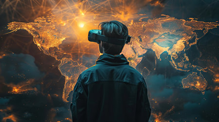 A man using a virtual reality headset against the background of global map. A man in virtual glasses studies a world map, plans, draws up a strategy for his actions and plansの素材