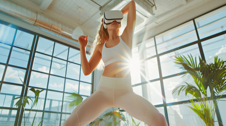 Active woman enjoying sports training with VR headset in bright sunny room. Fitness game in virtual reality, immersion in modern technology, cyberspaceの素材