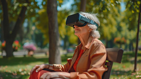 An elderly woman sits on bench wearing VR headset glasses, virtual reality. A man with Parkinsons disease walking in a city parkの素材