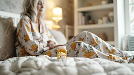 A middle-aged woman in disturbed mental state sits with a bottle of pills on bed in the bedroom. Human health, prevention of psychological diseasesの素材