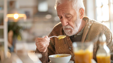A pensive elderly man with a white beard eats alone, holding spoon with a trembling hand. Sick lonely man with psychological illnessの素材