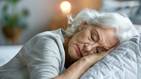 Calm elderly woman sleeping peacefully in bed, leading relaxed senior citizen lifestyle. Womens mental health, sleep problems, insomniaの素材