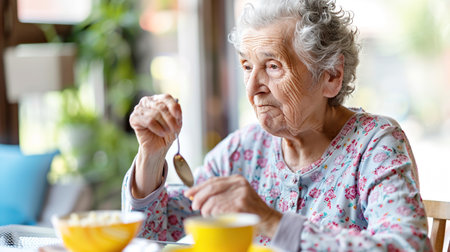 An elderly woman eats alone, holding spoon with trembling hand. Sick lonely man with psychological Parkinsons diseaseの素材